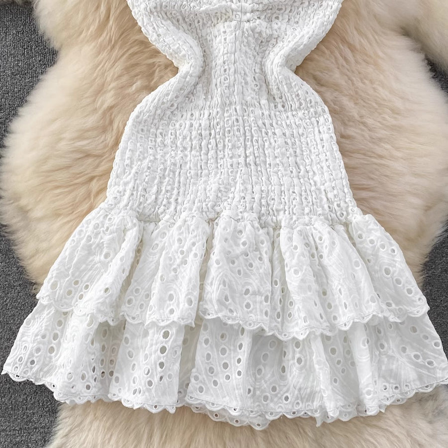 High Quality Stretch Ruffles Open Back Sleeveless Short Embroidered Dress