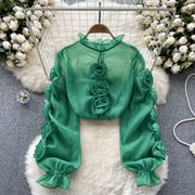 3D Floral Sheer Shirt Ruffle Collar Long Sleeve High Quality