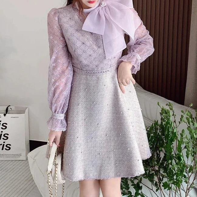 Elegant Long Sleeve Stand Collar Big Bow Tweed A-line Dress High Quality Embroidery