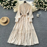 Elegant Long Lantern Sleeve Loose A Line Dress with Lace Patchwork and Pearl Buttons Belt High Quality