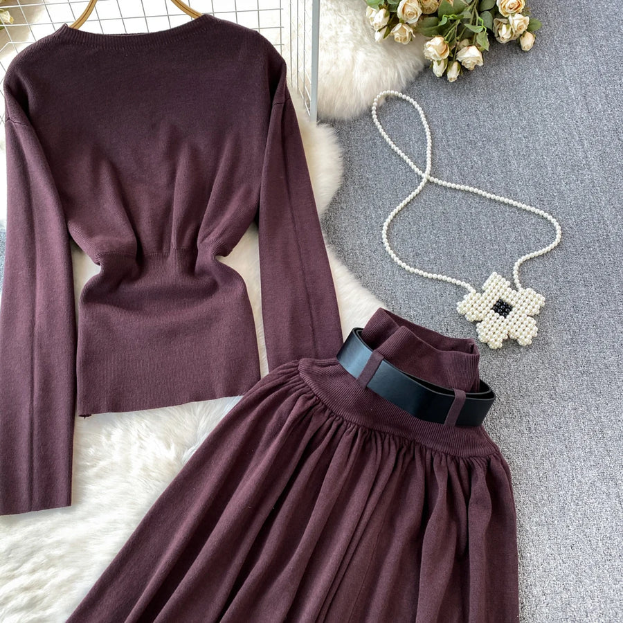Women Elegant Office Two Piece Sets Autumn Winter Long Sleeved Standing Neck Sweater Top High Waist Slim A-line Long Skirt Suits