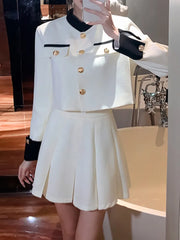 Spring Tweed Fashion Collision Color Crop Jacket Skirts Suit Female Long Sleeved Coat Pleated Skirt Two-piece Set