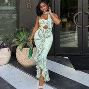 Women's Leaf Print Ruched Maxi Dress with Scarf