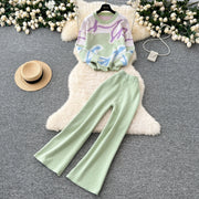 Casual Knitted Sets Ladies O Neck Loose Multicolor Tops+Basic Long Pants American Style High Quality Sweater Suits