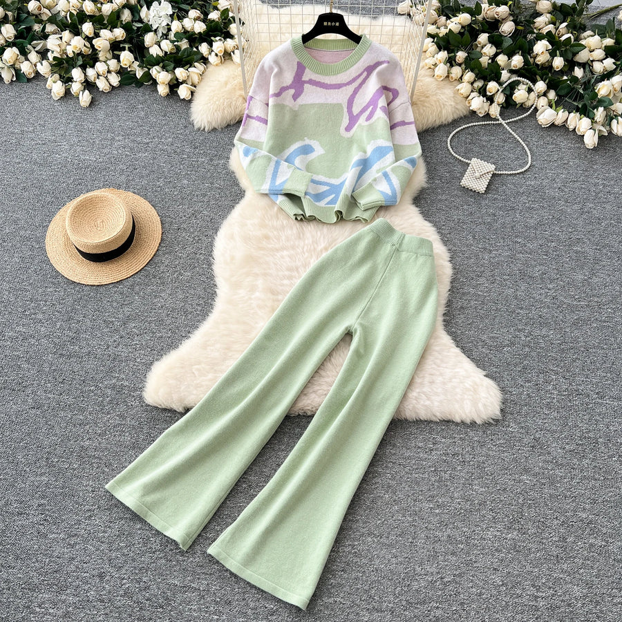 Casual Knitted Sets Ladies O Neck Loose Multicolor Tops+Basic Long Pants American Style High Quality Sweater Suits