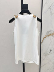 Square neck, sleeveless, patchwork top with high quality metal buckle