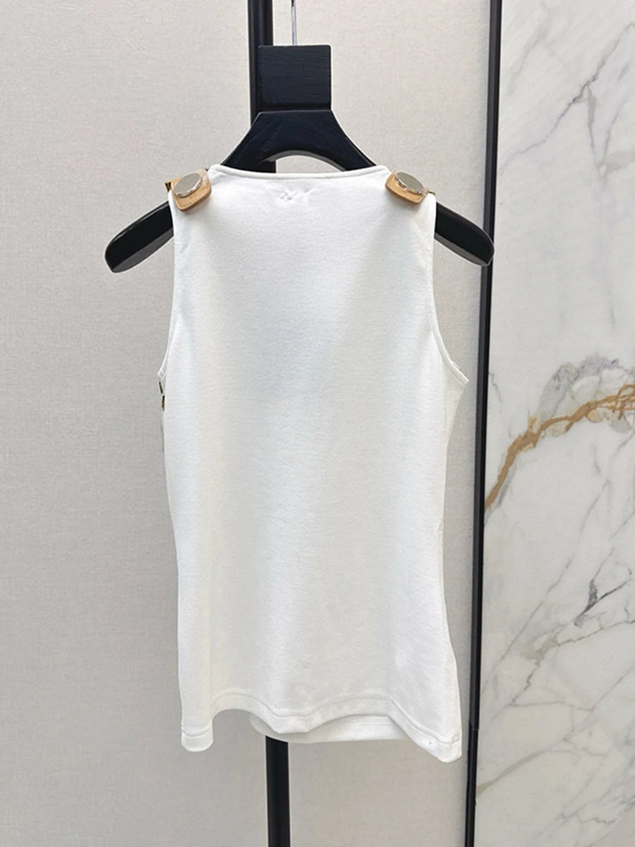 Square neck, sleeveless, patchwork top with high quality metal buckle
