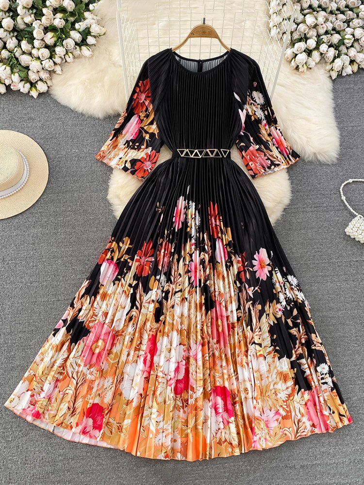 High Quality High Waist Short Sleeve Color Print Pleated O-Neck Dress