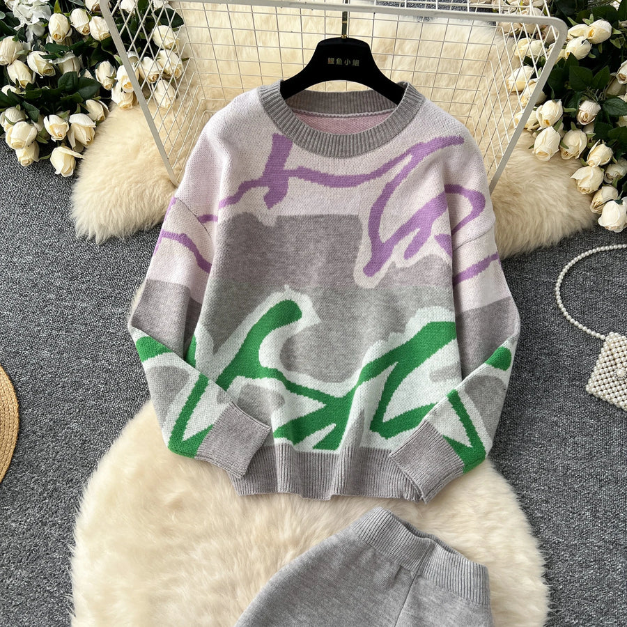 Casual Knitted Sets Ladies O Neck Loose Multicolor Tops+Basic Long Pants American Style High Quality Sweater Suits