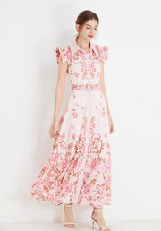 High Quality Sleeveless Ruffle Belted Flower Maxi Dress