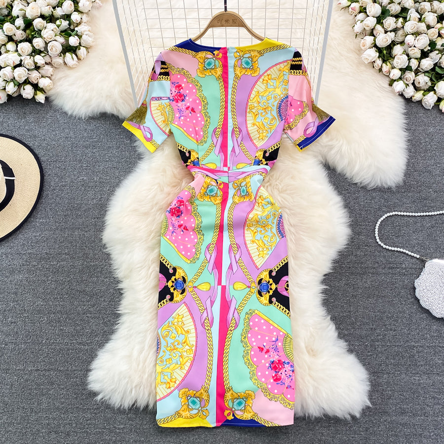 Short Sleeve O-Neck Flower Fan Printed Lace-up Waist Wrap Bow Midi Dress High Quality