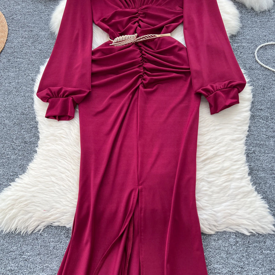 Elegant Pleated Vintage V-neck Chic Long Sleeve Slim Split Dress Korean Fashion Evening Party High Street Autumn Winter Clothing