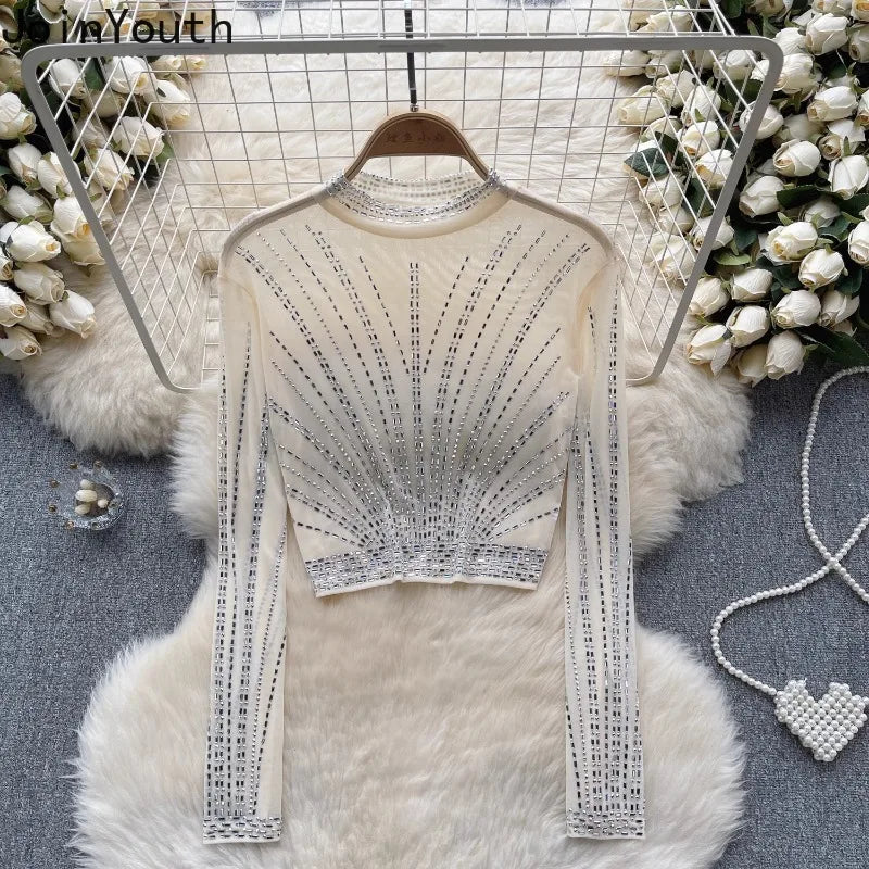 Fashion Tshirts Women's Clothing Heavy Diamond Tunic Tees  Ropa Mujer Crop Tops Sexy See Throught Gauze T Shirt Y2k T-shirt