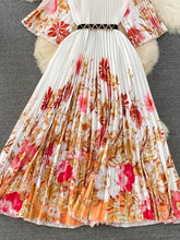 High Quality High Waist Short Sleeve Color Print Pleated O-Neck Dress