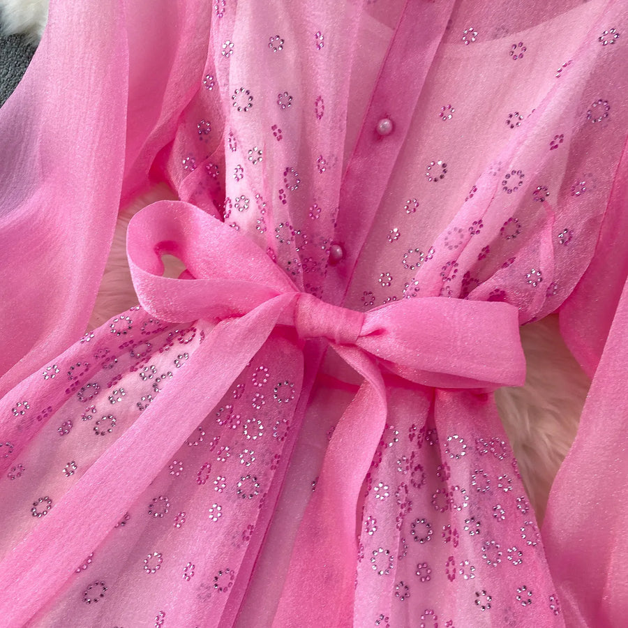 Fashion Temperament Bandage Slim Waist Dress Fairy Gauze Ruffled Long Robe Turn-down Collar Single Breasted Diamonds Vestidos