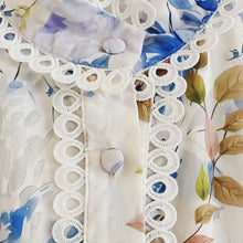 Stand Collar Blue Flower Print Hollow Out Ruffles Prairie Elegant Loose High Quality Maxi Dress