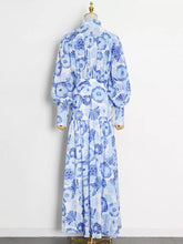 Floral Print Stand Collar Long Sleeve High Waist Slimming One Button High Quality Maxi Dress