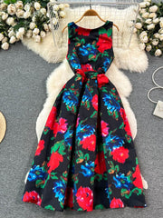 High Quality O Neck Sleeveless Floral Midi Dress