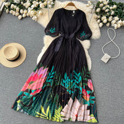 High Quality Round Neck Leaf Floral Print Belted Short Sleeve Pleated Long Dress