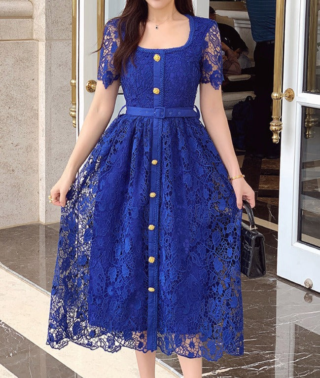 High Quality Flower Embroidery Water Soluble Lace Hollow Out Square Neck Belted Elegant Dress