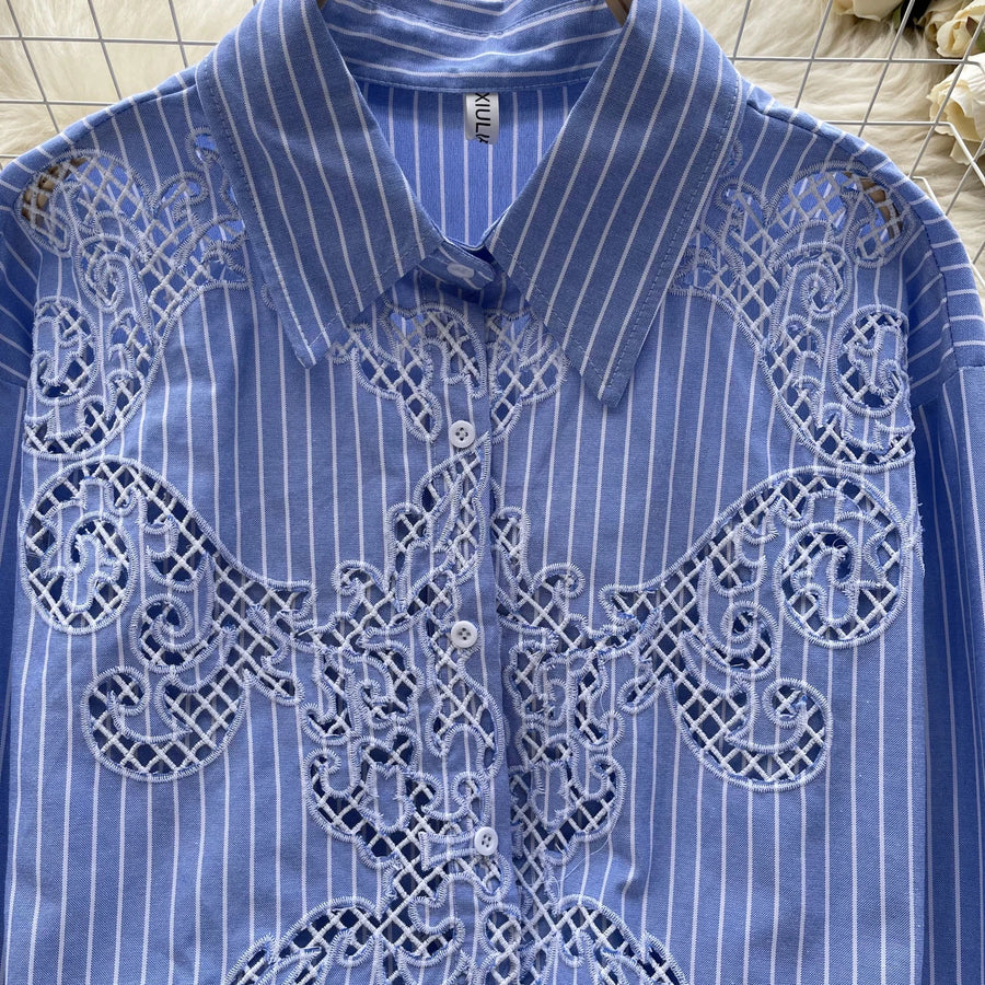 High quality long sleeve flower openwork design striped shirt