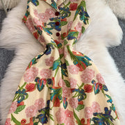 Elegant Vintage Office Long Dress Women Summer V Neck Sleeveless Print Floral Luxury Dress Evening Party Birthday Dresses