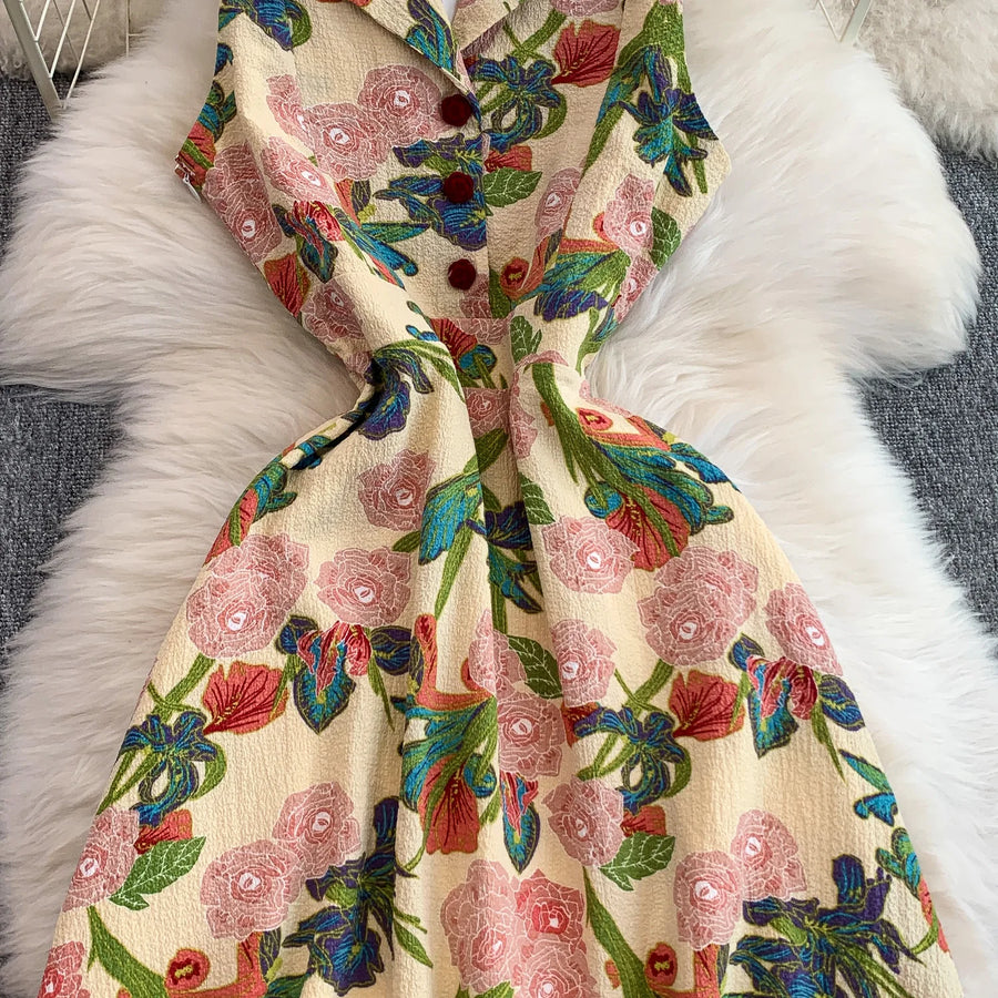 Elegant Vintage Office Long Dress Women Summer V Neck Sleeveless Print Floral Luxury Dress Evening Party Birthday Dresses