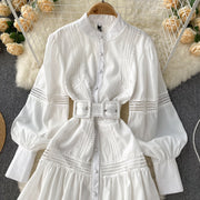 High Quality Stand Collar Puff Long Sleeve Button A Line Short Dress