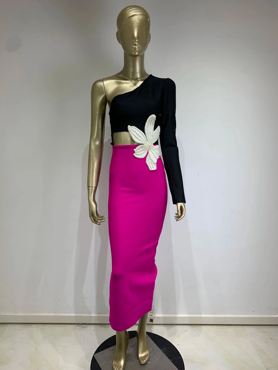 High Quality Flower Beaded Single Sleeve Sexy Midi Bandage Dress