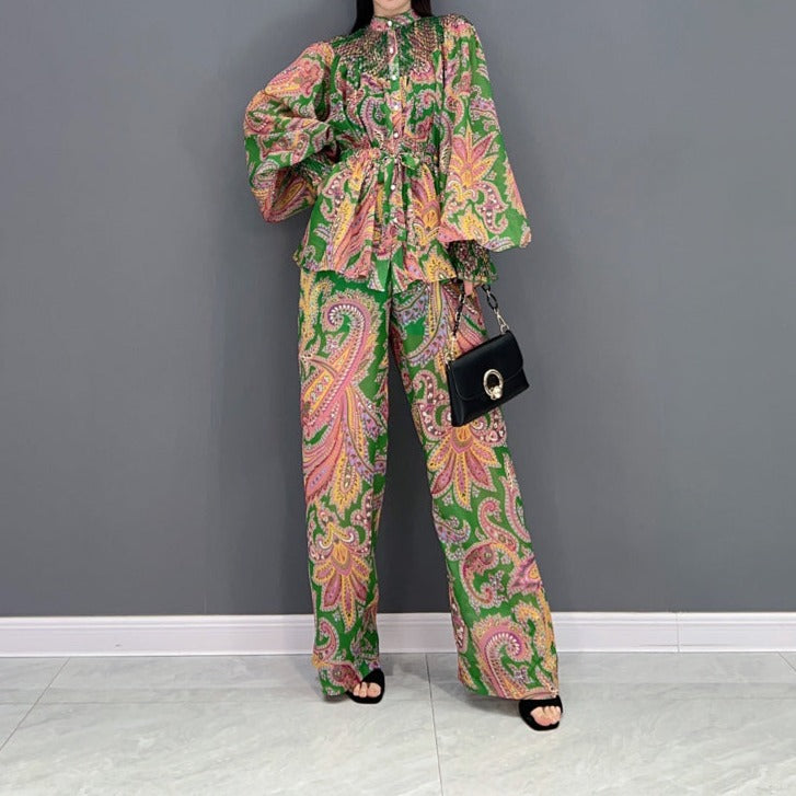 Two-piece set with elegant floral print long-sleeved top + high-quality long pants