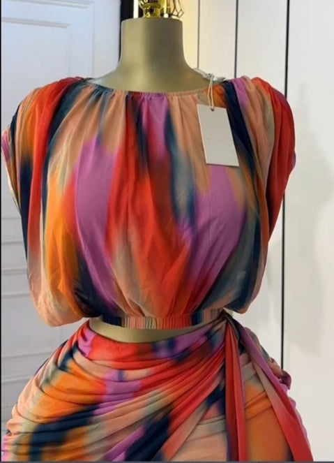 Women's Tie-Dye Print Set Ruched Short Sleeve T-Shirt and Stacked Mini Skirt 2 Piece Outfit