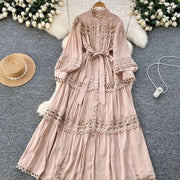 Elegant retro style slit maxi dress with pearl buttons and high-quality crochet embroidery