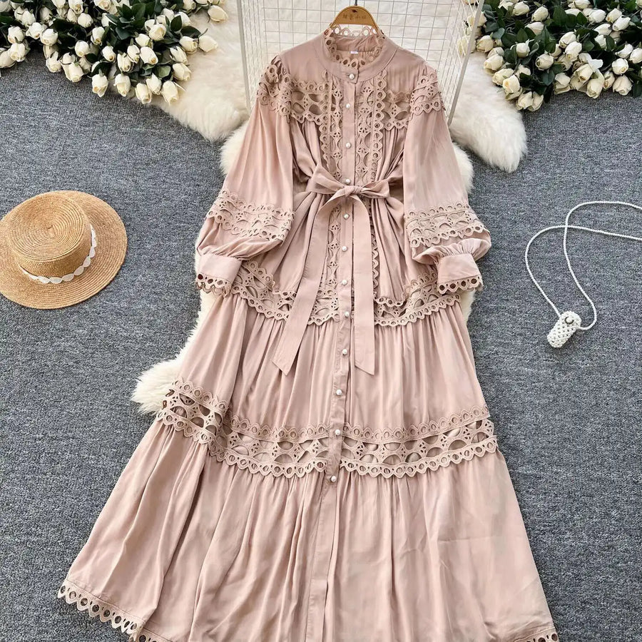 Elegant retro style slit maxi dress with pearl buttons and high-quality crochet embroidery