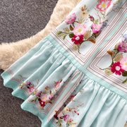Mint Green Floral Print Sleeveless A-Line Dress Women Summer High Waist Simple Pure Desire Style Commute Suitable City Outfit