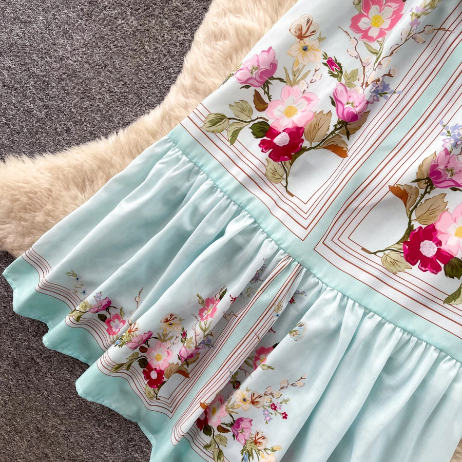 Mint Green Floral Print Sleeveless A-Line Dress Women Summer High Waist Simple Pure Desire Style Commute Suitable City Outfit