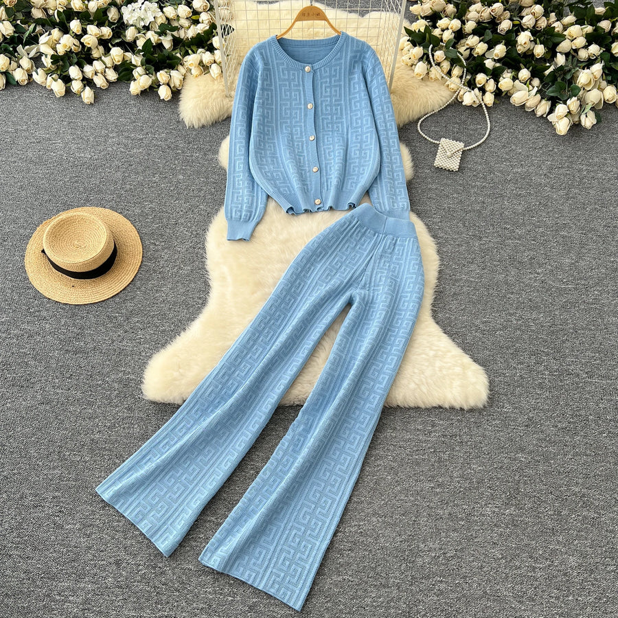 High quality long sleeve cardigan + long elastic pants knitted sets