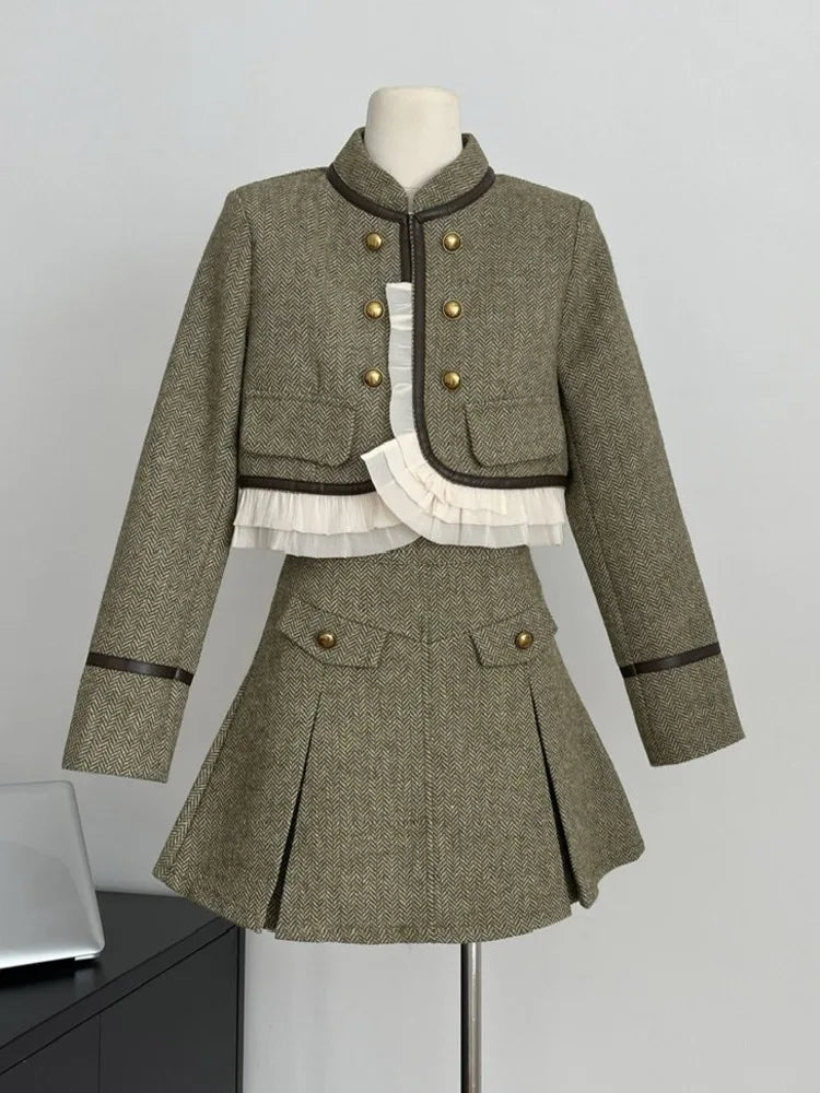 High Quality Fall Winter French Vintage Two Piece Set For Women Jacket Coat + Skirt 2 Piece Suits Conjuntos Femininos Elegantes