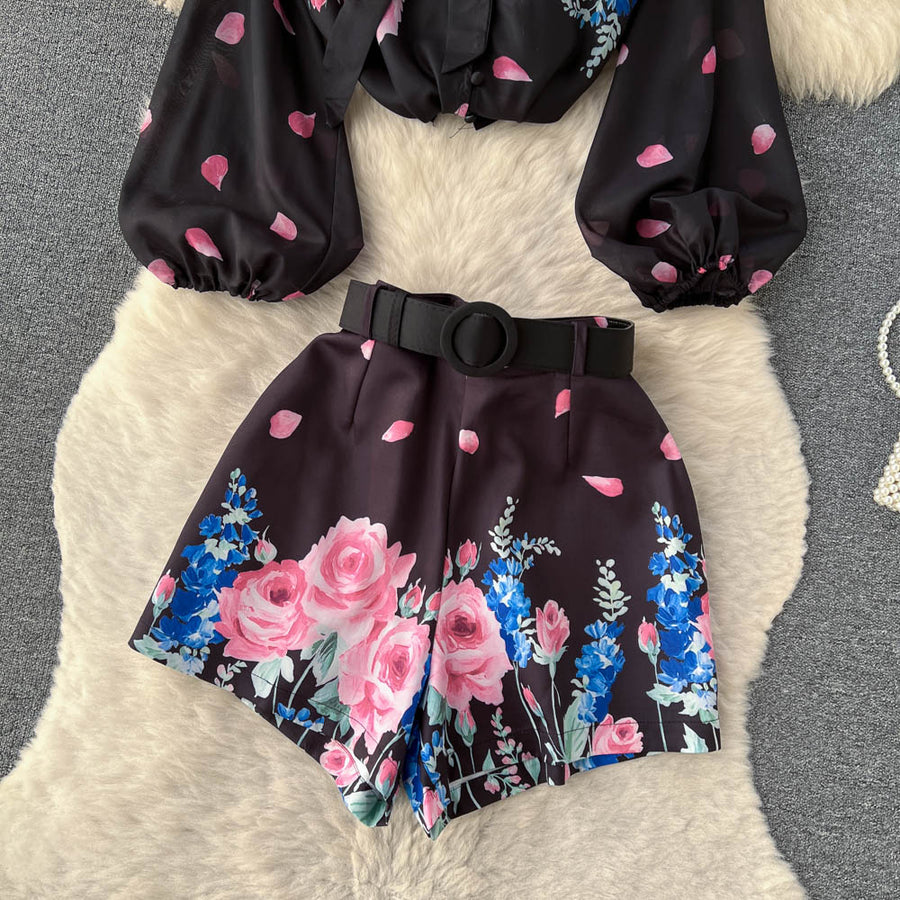 Two Piece Set Flower Print Lantern Sleeve Shirt Bow Neck Top + Belted Shorts High Quality