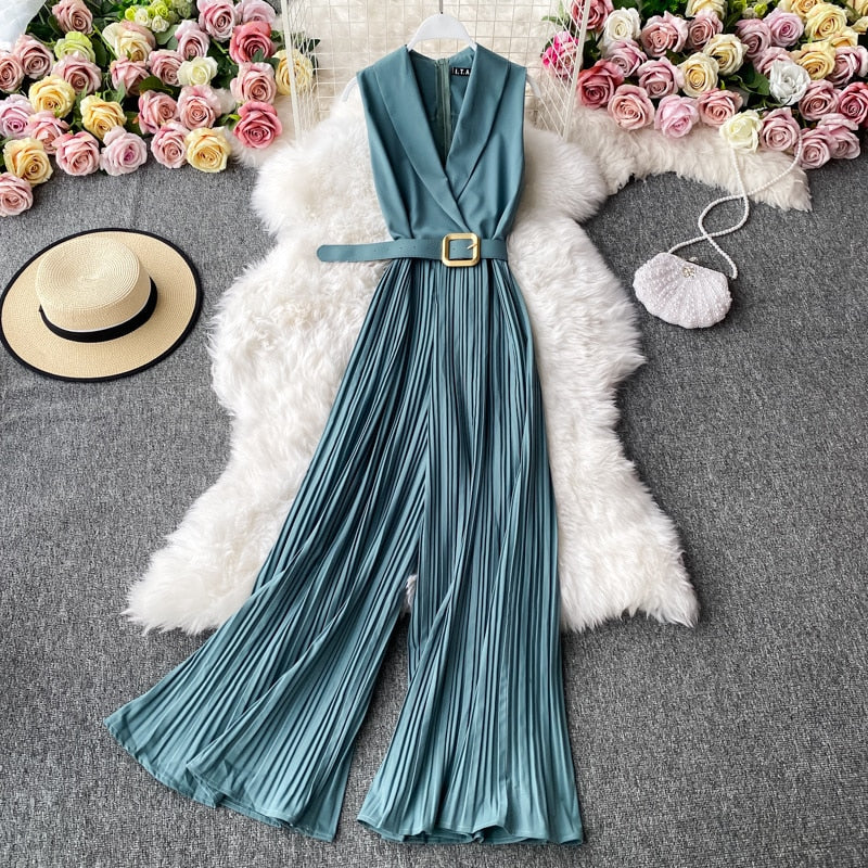 High quality belted wide leg short sleeve jumpsuit