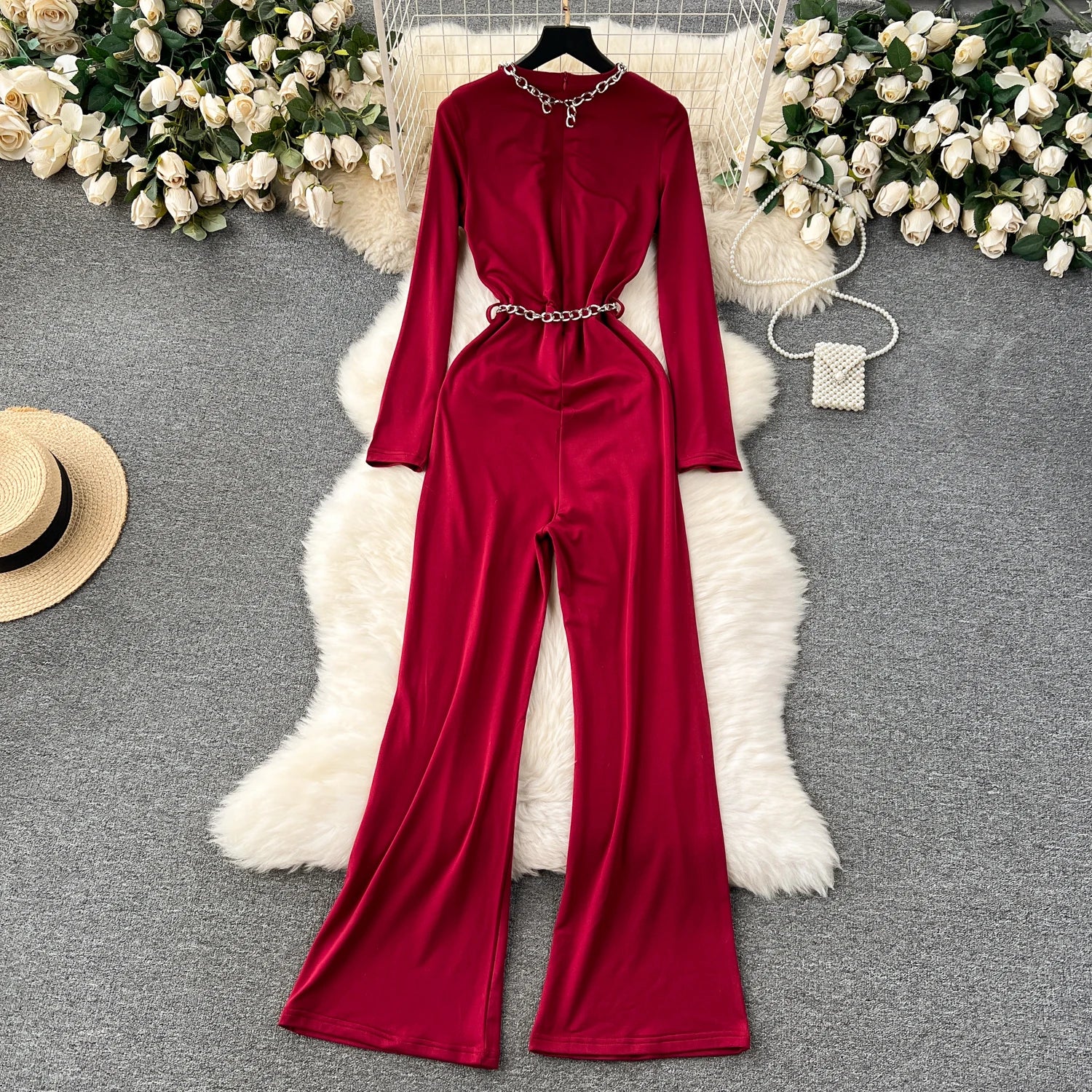 Solid Jumpsuit Chain Round Neck Long Sleeve Cropped Wide Leg Long Pants