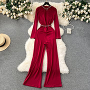 Solid Jumpsuit Chain Round Neck Long Sleeve Cropped Wide Leg Long Pants