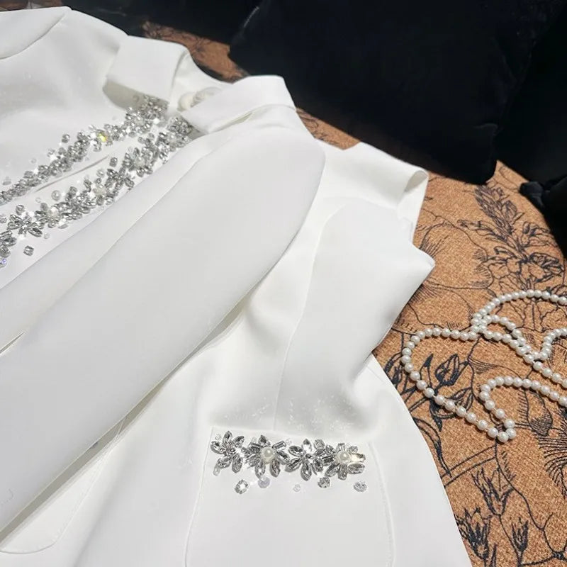 Banquet Fashion Women Luxury Diamonds Solid Color Lapel Short Jacket High Waist A Line Tank Dress Elegant Ladies Two Piece Set