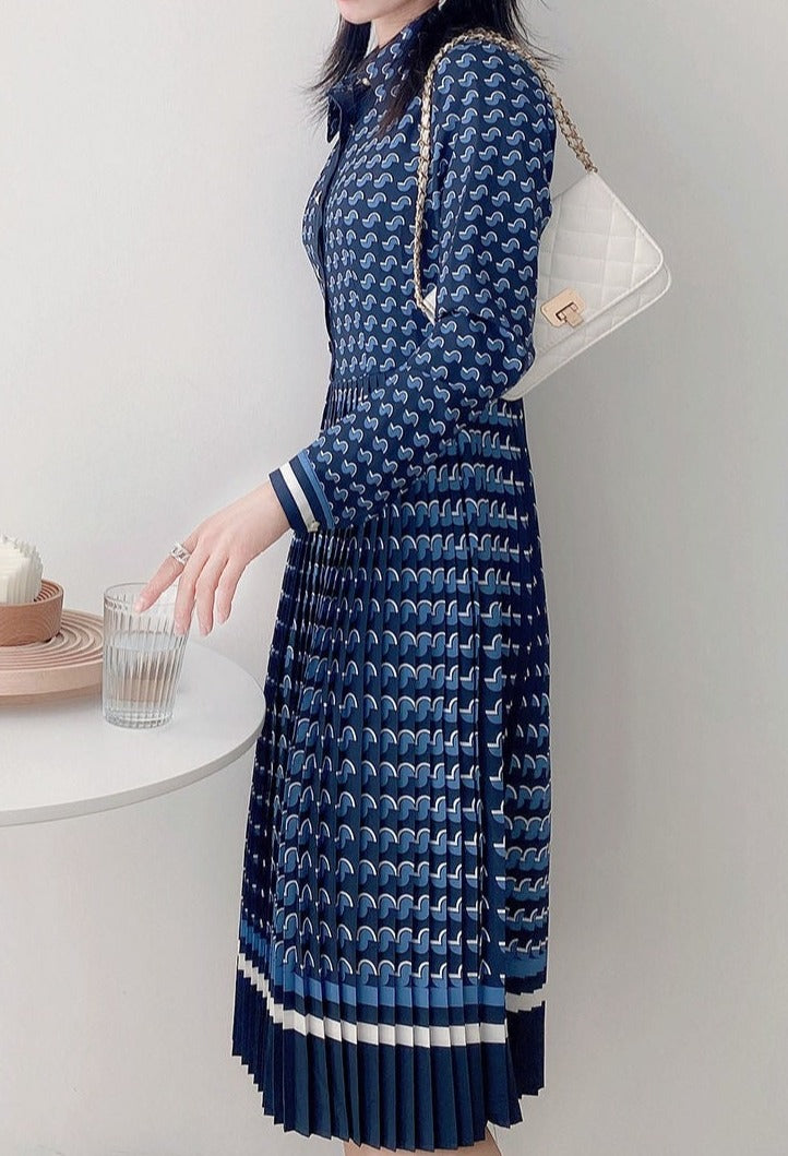 Blue Plaid Turndown Collar Long Sleeve Pleated High Waist Elegant High Quality Dresses