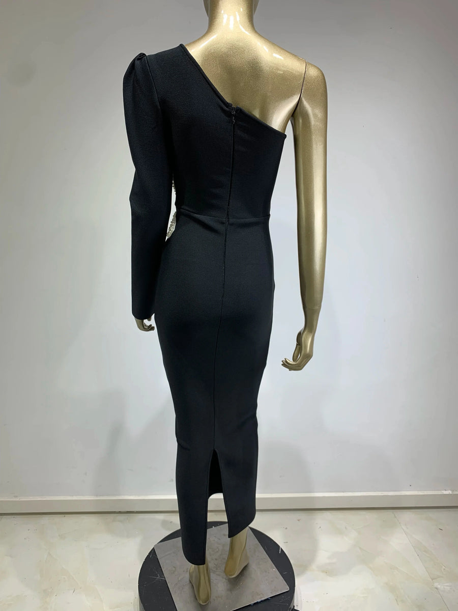 High Quality Flower Beaded Single Sleeve Sexy Midi Bandage Dress Black / M High Quality Flower Beaded Single Sleeve Sexy Midi Bandage Dress Black / M