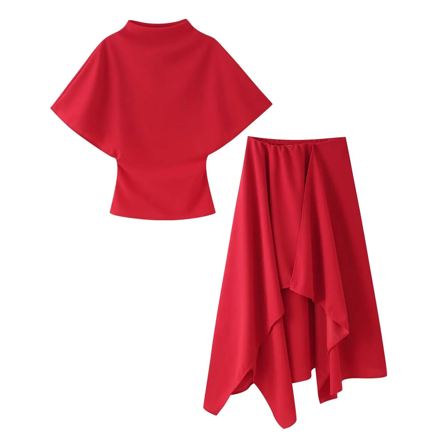 KONDALA Women Trendy Skirt Set Half High Collar Top Asymmetrical Skirt New Fashion 2026 Spring Summer Beach Holiday Skirt Set