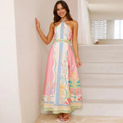 Women Spring Summer Halter Neck Sleeveless Print Linen A Line Long Dress