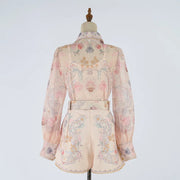 Ele High Waist Long Sve Printed Dr with Pearl Embelliment Slimming Effect irt Sle ort Pants Ensemble
