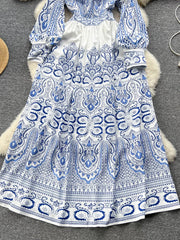 Palace Style Long Dress Women V-neck Single Breasted Bubble Sleeve Party Dresses Ladies Vintage Printed Spring Autumn Long Robe