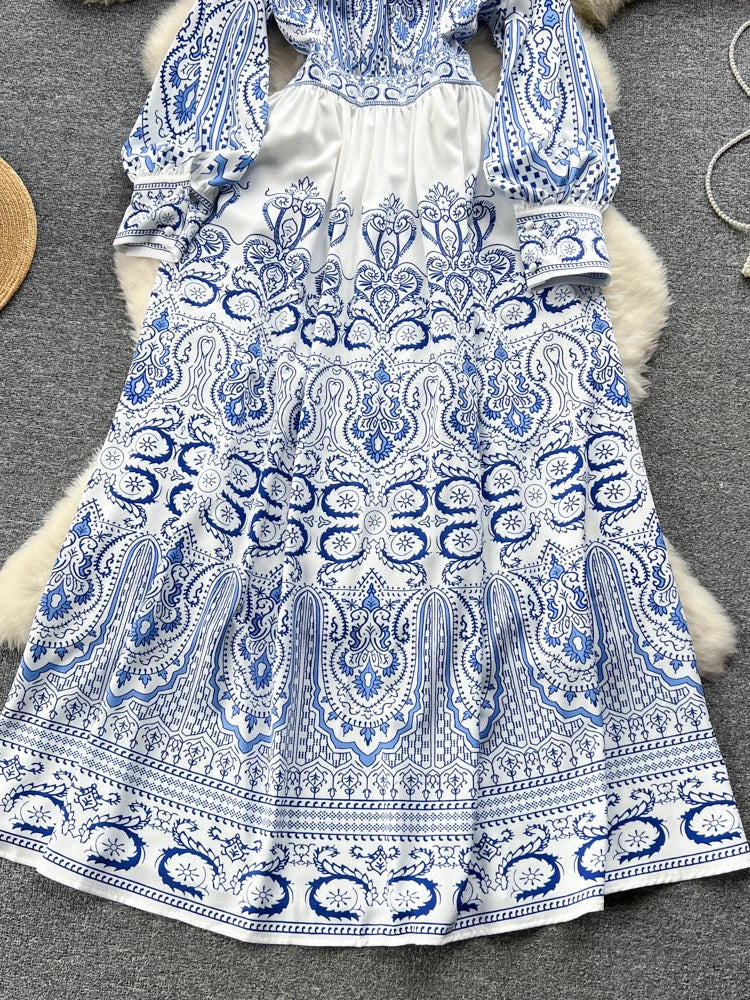 Palace Style Long Dress Women V-neck Single Breasted Bubble Sleeve Party Dresses Ladies Vintage Printed Spring Autumn Long Robe