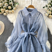 Fashion Temperament Bandage Slim Waist Dress Fairy Gauze Ruffled Long Robe Turn-down Collar Single Breasted Diamonds Vestidos